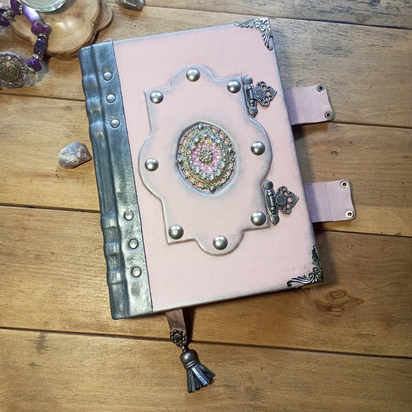 OOAK Pink & Grey Leather Journal with Brooch & Double Antique Locks – Handmade Vintage Book of Shadows