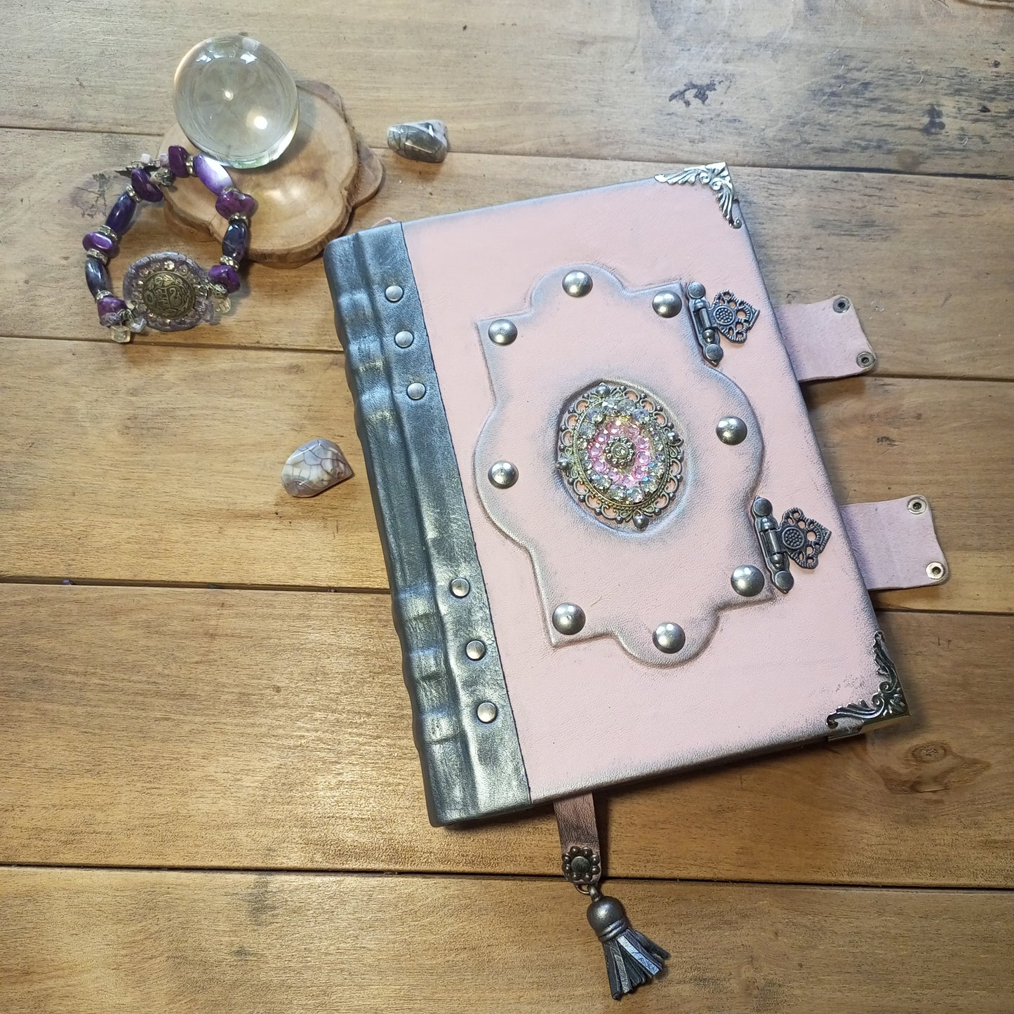 OOAK Pink & Grey Leather Journal with Brooch & Double Antique Locks – Handmade Vintage Book of Shadows