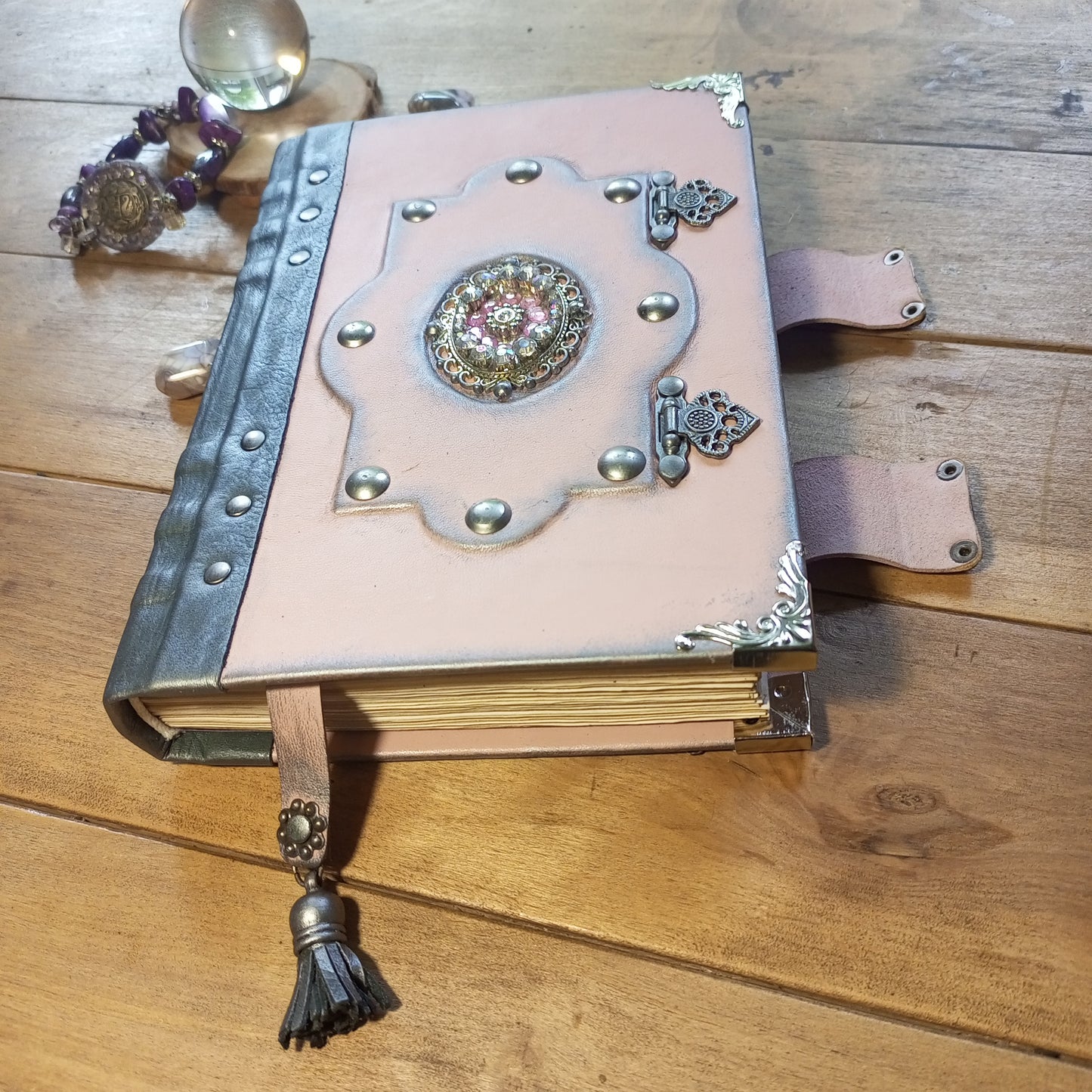 OOAK Pink & Grey Leather Journal with Brooch & Double Antique Locks – Handmade Vintage Book of Shadows
