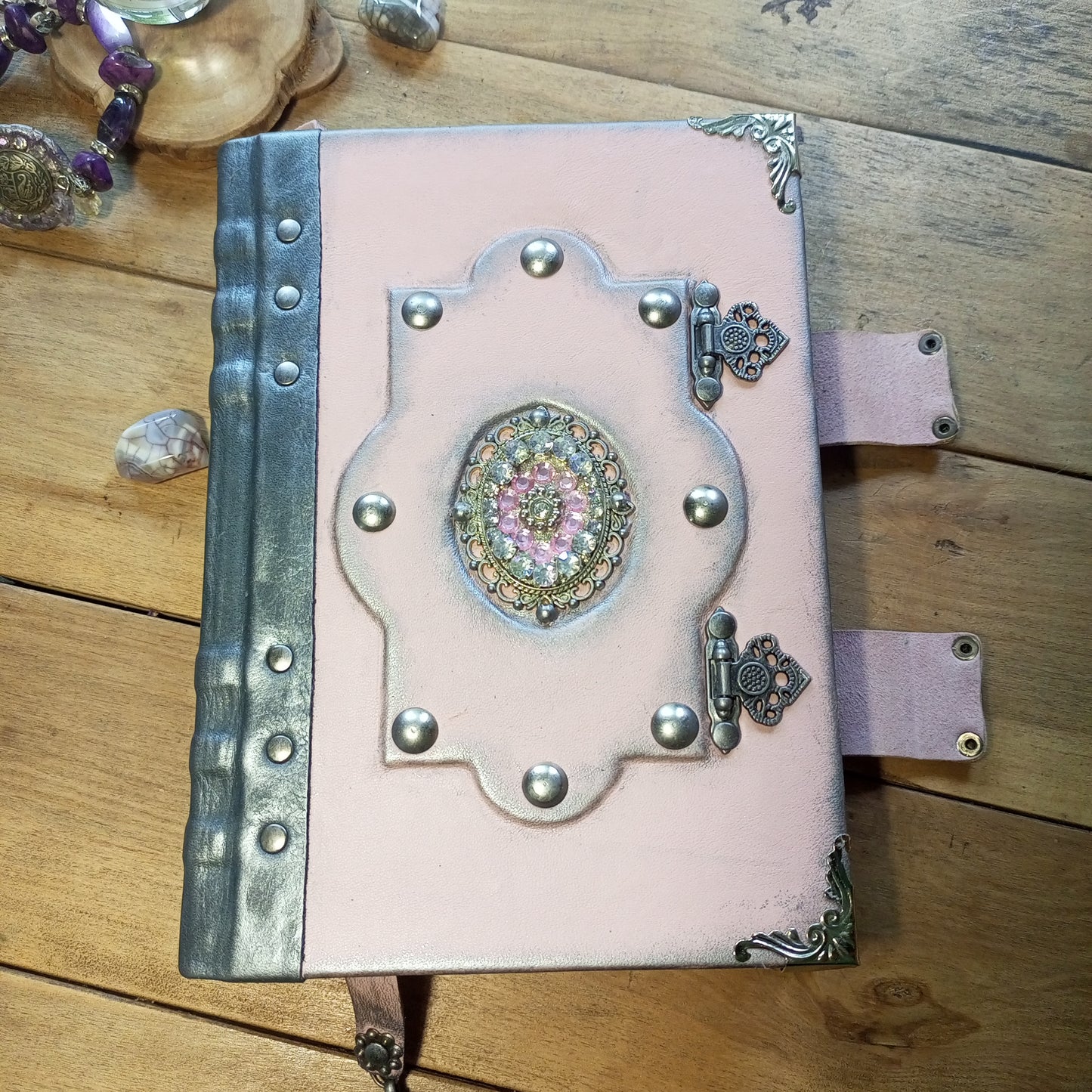 OOAK Pink & Grey Leather Journal with Brooch & Double Antique Locks – Handmade Vintage Book of Shadows