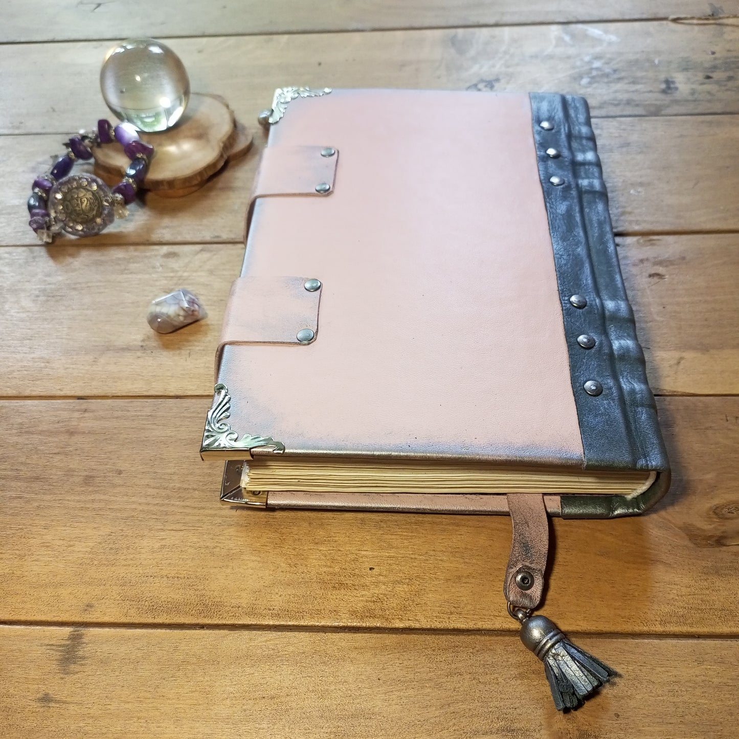 OOAK Pink & Grey Leather Journal with Brooch & Double Antique Locks – Handmade Vintage Book of Shadows