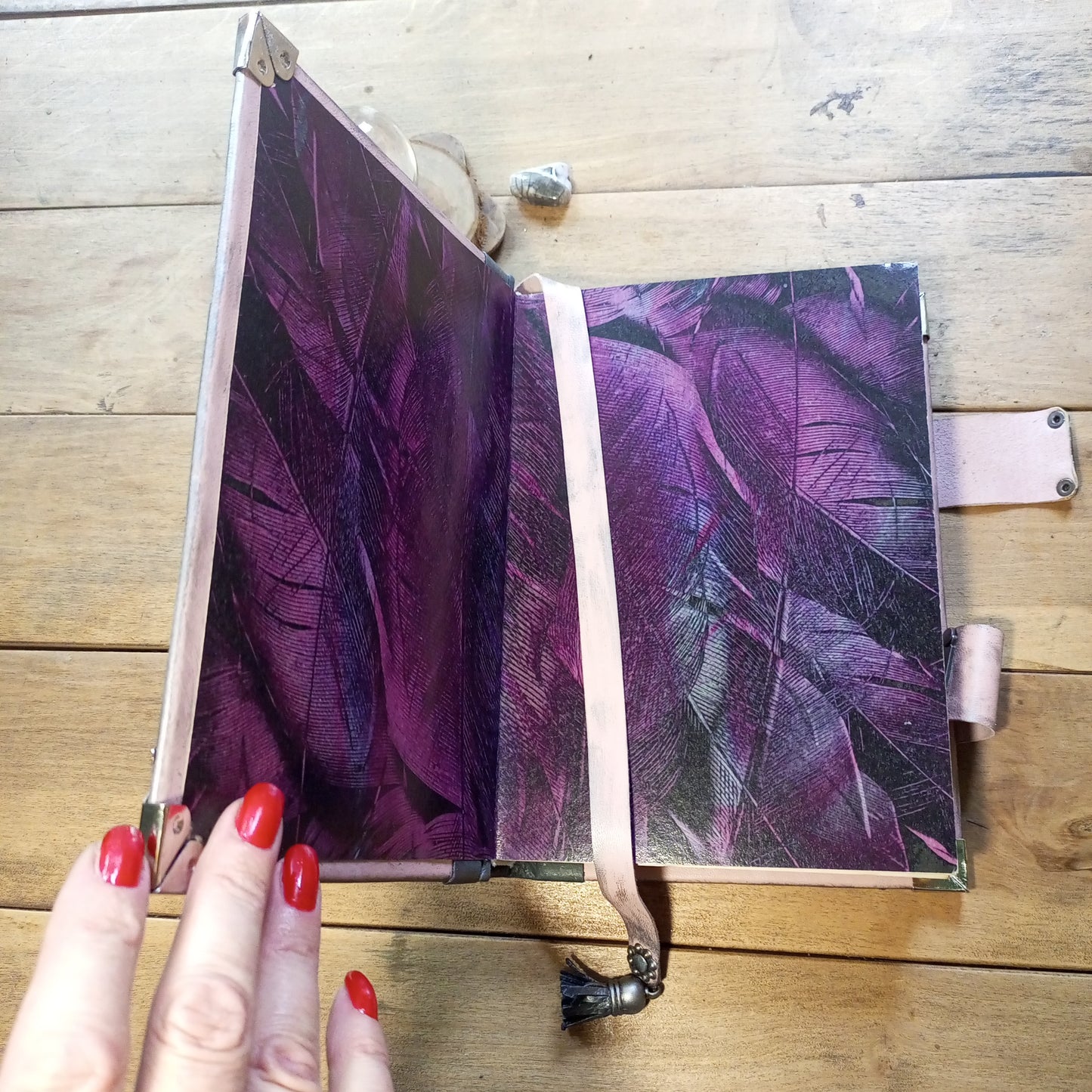 OOAK Pink & Grey Leather Journal with Brooch & Double Antique Locks – Handmade Vintage Book of Shadows