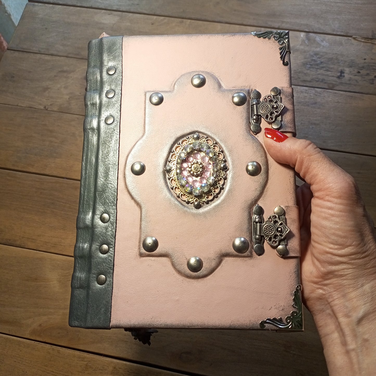OOAK Pink & Grey Leather Journal with Brooch & Double Antique Locks – Handmade Vintage Book of Shadows