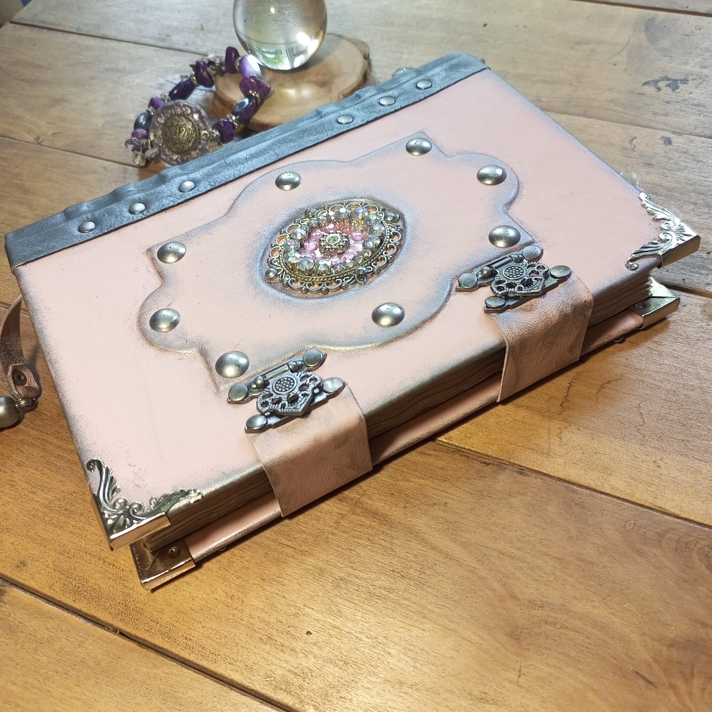 OOAK Pink & Grey Leather Journal with Brooch & Double Antique Locks – Handmade Vintage Book of Shadows