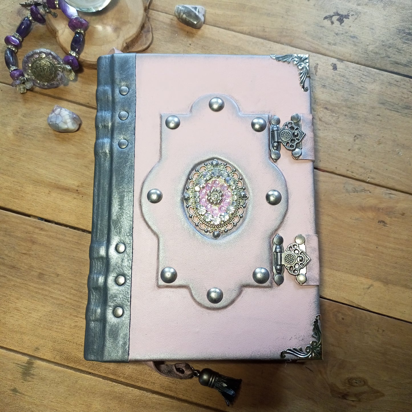 OOAK Pink & Grey Leather Journal with Brooch & Double Antique Locks – Handmade Vintage Book of Shadows