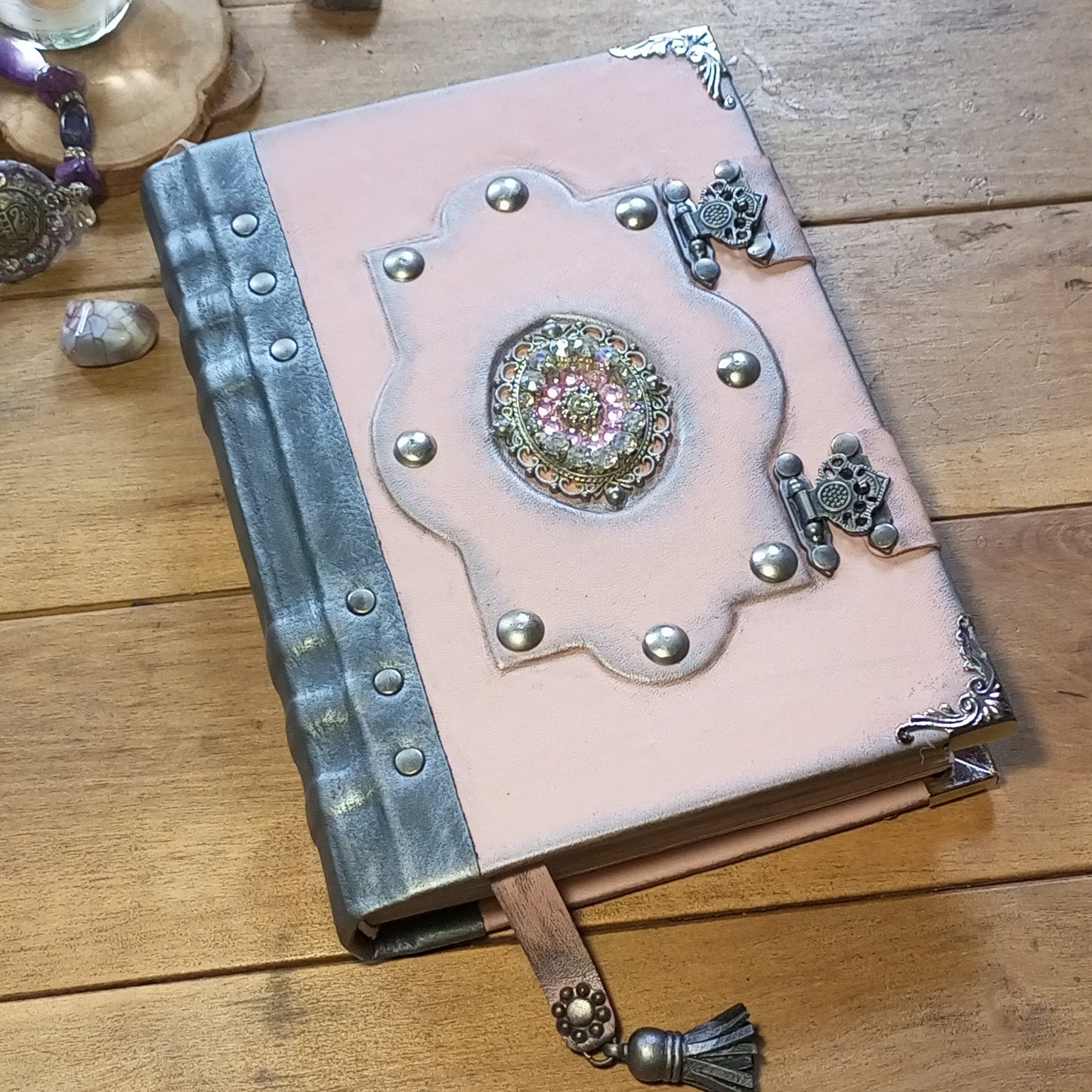 OOAK Pink & Grey Leather Journal with Brooch & Double Antique Locks – Handmade Vintage Book of Shadows
