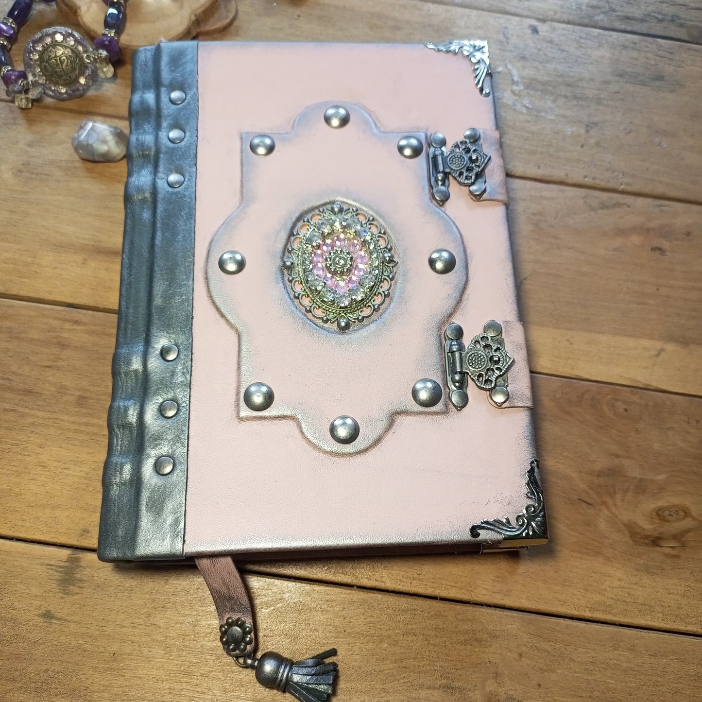 OOAK Pink & Grey Leather Journal with Brooch & Double Antique Locks – Handmade Vintage Book of Shadows