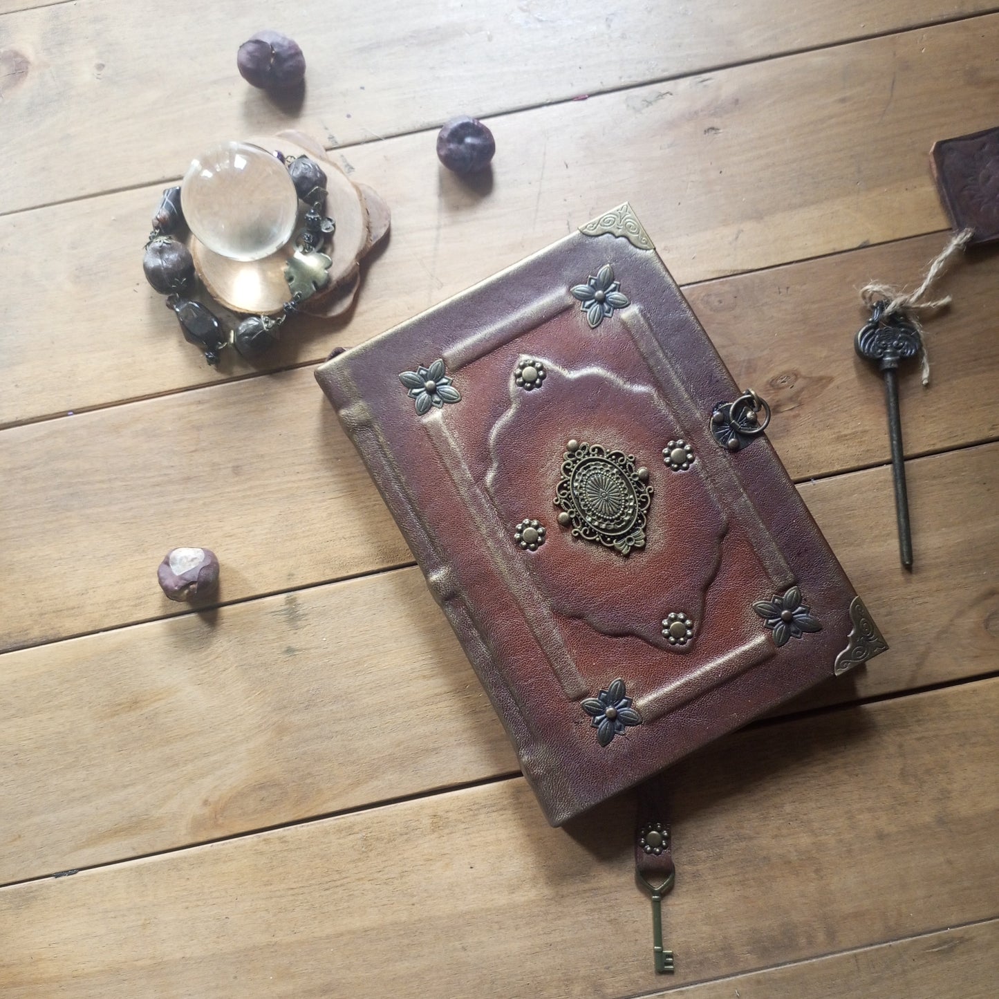 Rusty Brown Leather Grimoire with Antique Brass – Handmade Medieval Book of Shadows