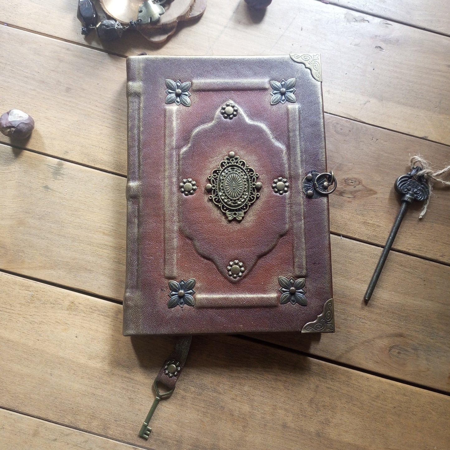 Rusty Brown Leather Grimoire with Antique Brass – Handmade Medieval Book of Shadows