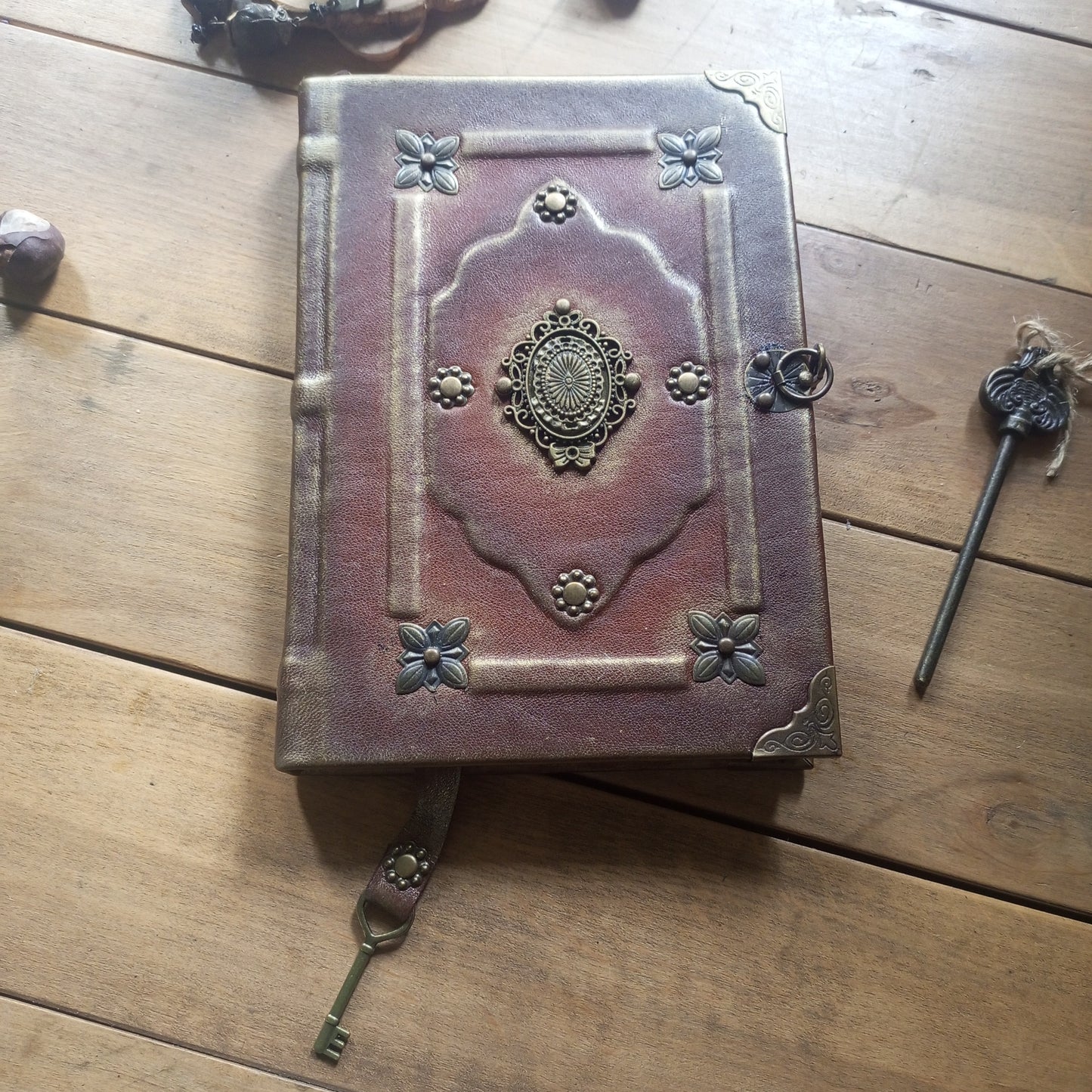 Rusty Brown Leather Grimoire with Antique Brass – Handmade Medieval Book of Shadows