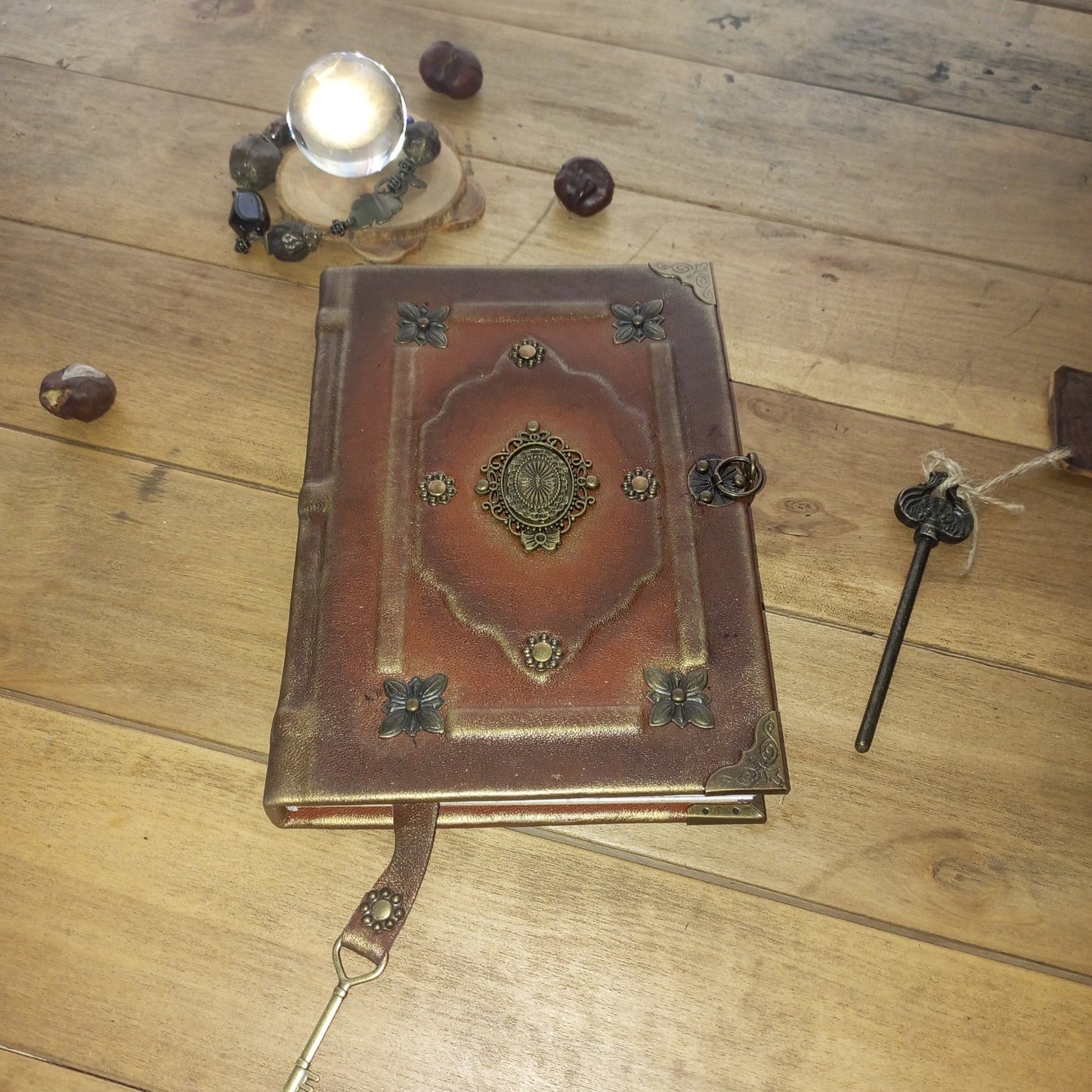 Rusty Brown Leather Grimoire with Antique Brass – Handmade Medieval Book of Shadows