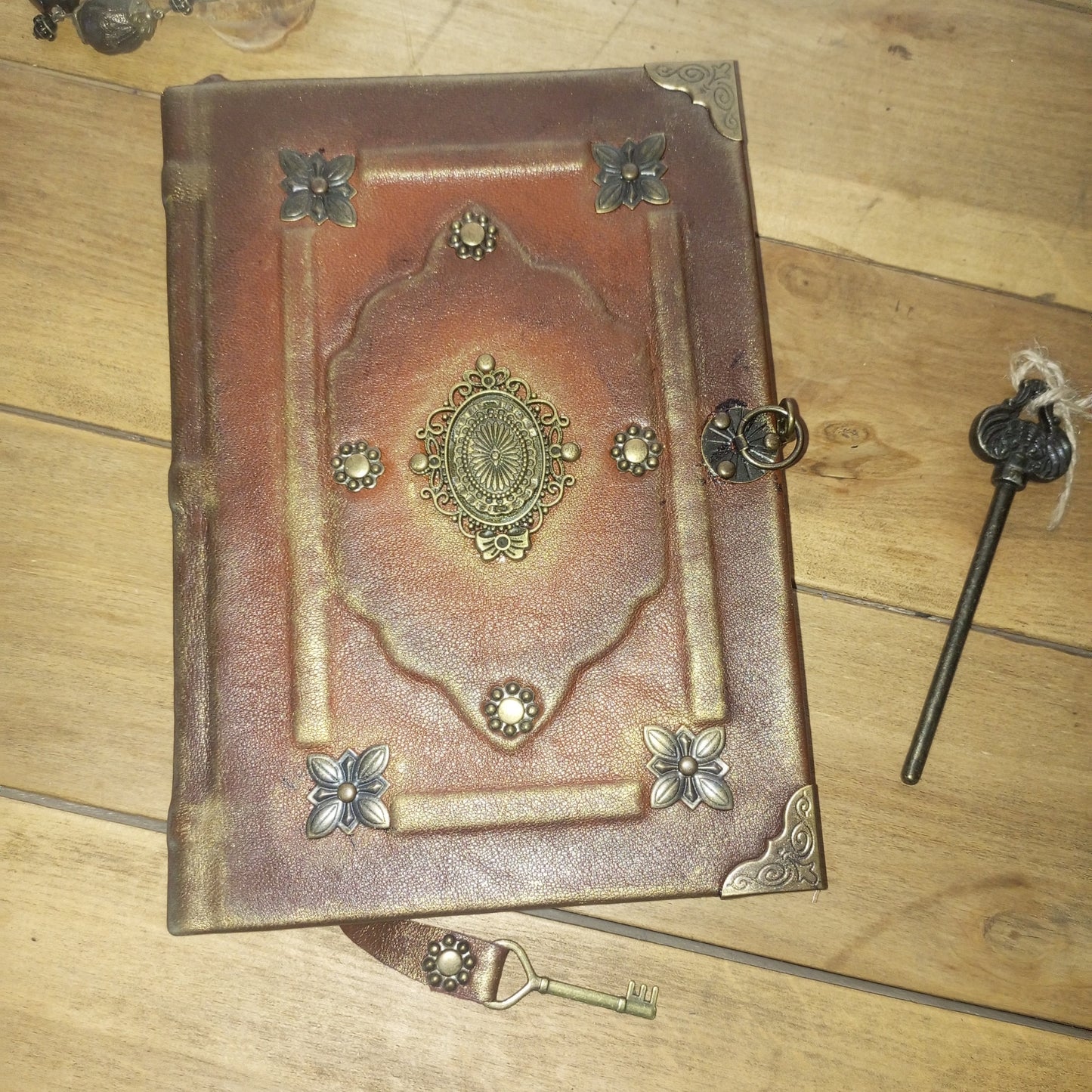 Rusty Brown Leather Grimoire with Antique Brass – Handmade Medieval Book of Shadows