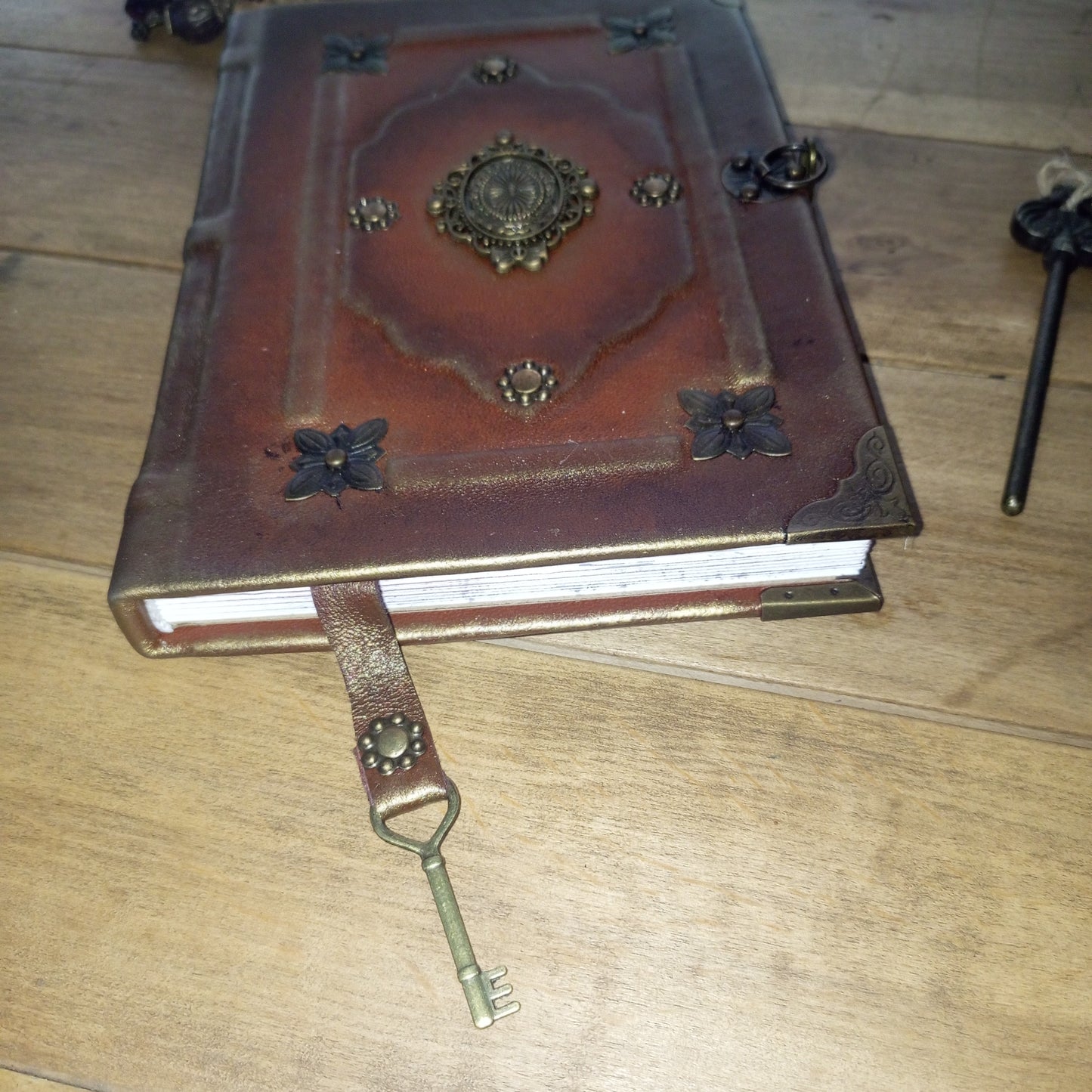 Rusty Brown Leather Grimoire with Antique Brass – Handmade Medieval Book of Shadows
