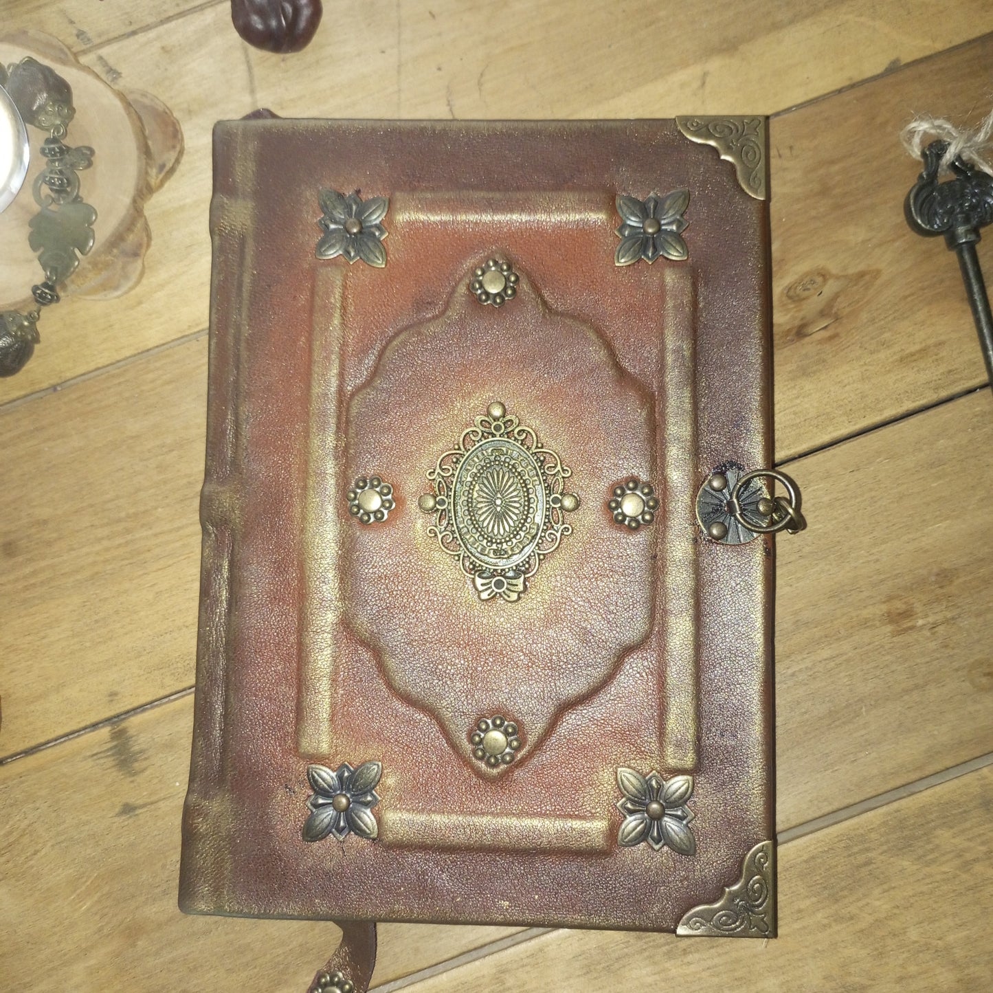 Rusty Brown Leather Grimoire with Antique Brass – Handmade Medieval Book of Shadows