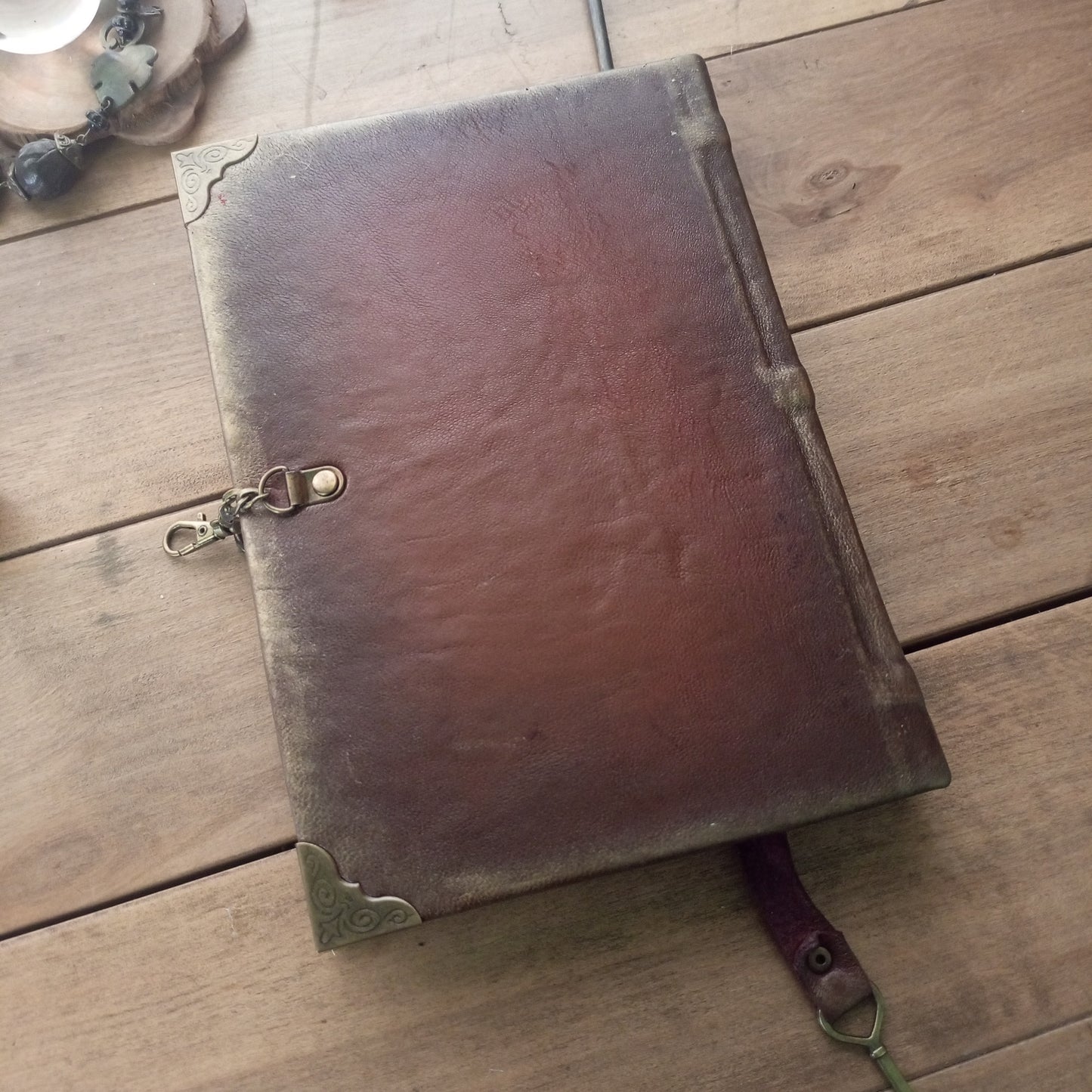 Rusty Brown Leather Grimoire with Antique Brass – Handmade Medieval Book of Shadows