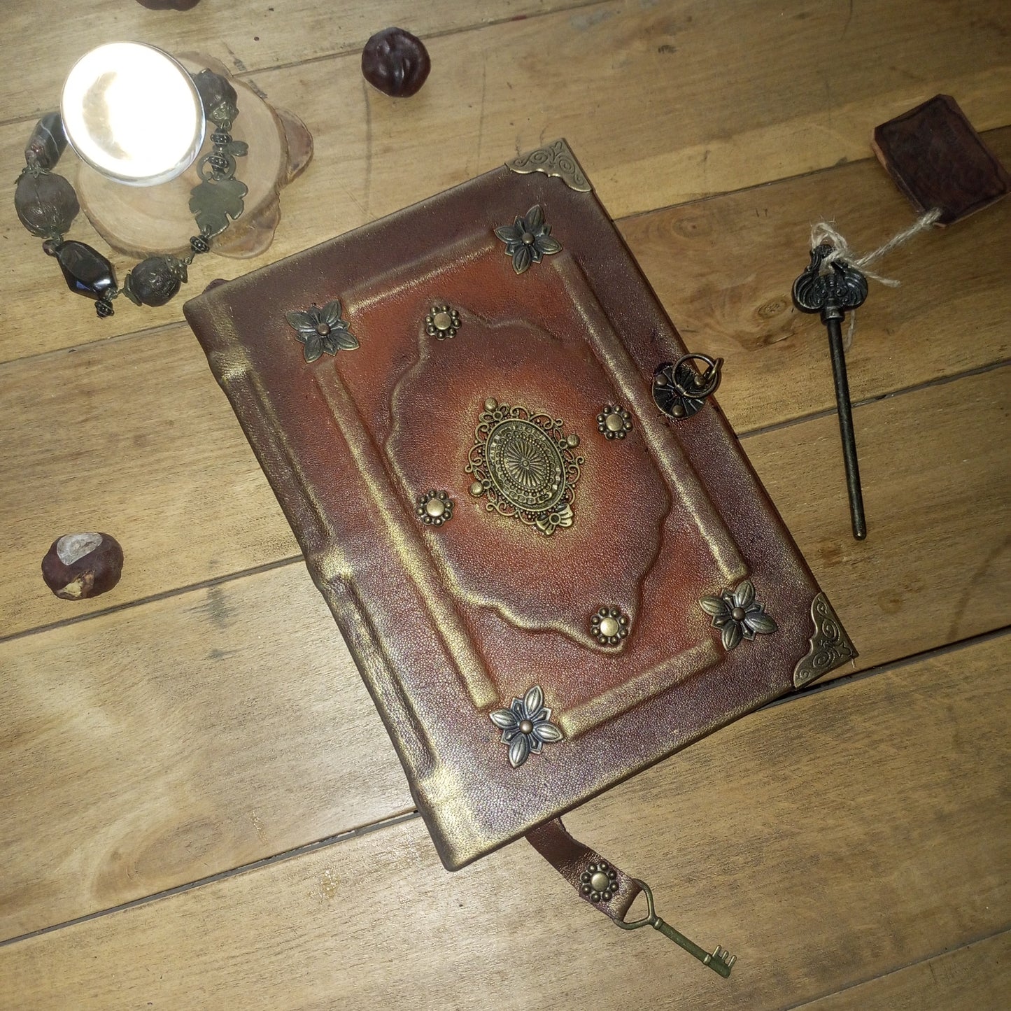 Rusty Brown Leather Grimoire with Antique Brass – Handmade Medieval Book of Shadows