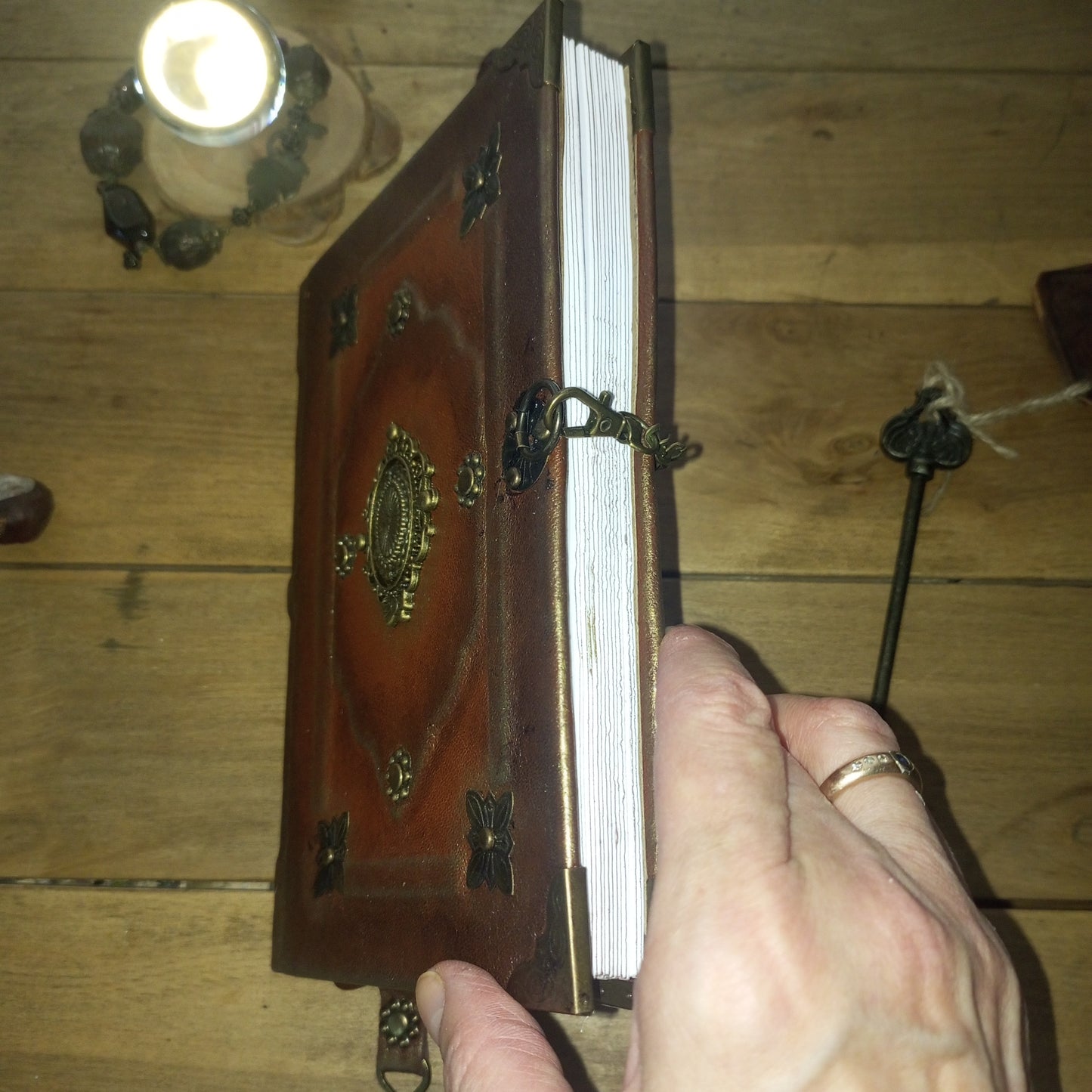 Rusty Brown Leather Grimoire with Antique Brass – Handmade Medieval Book of Shadows