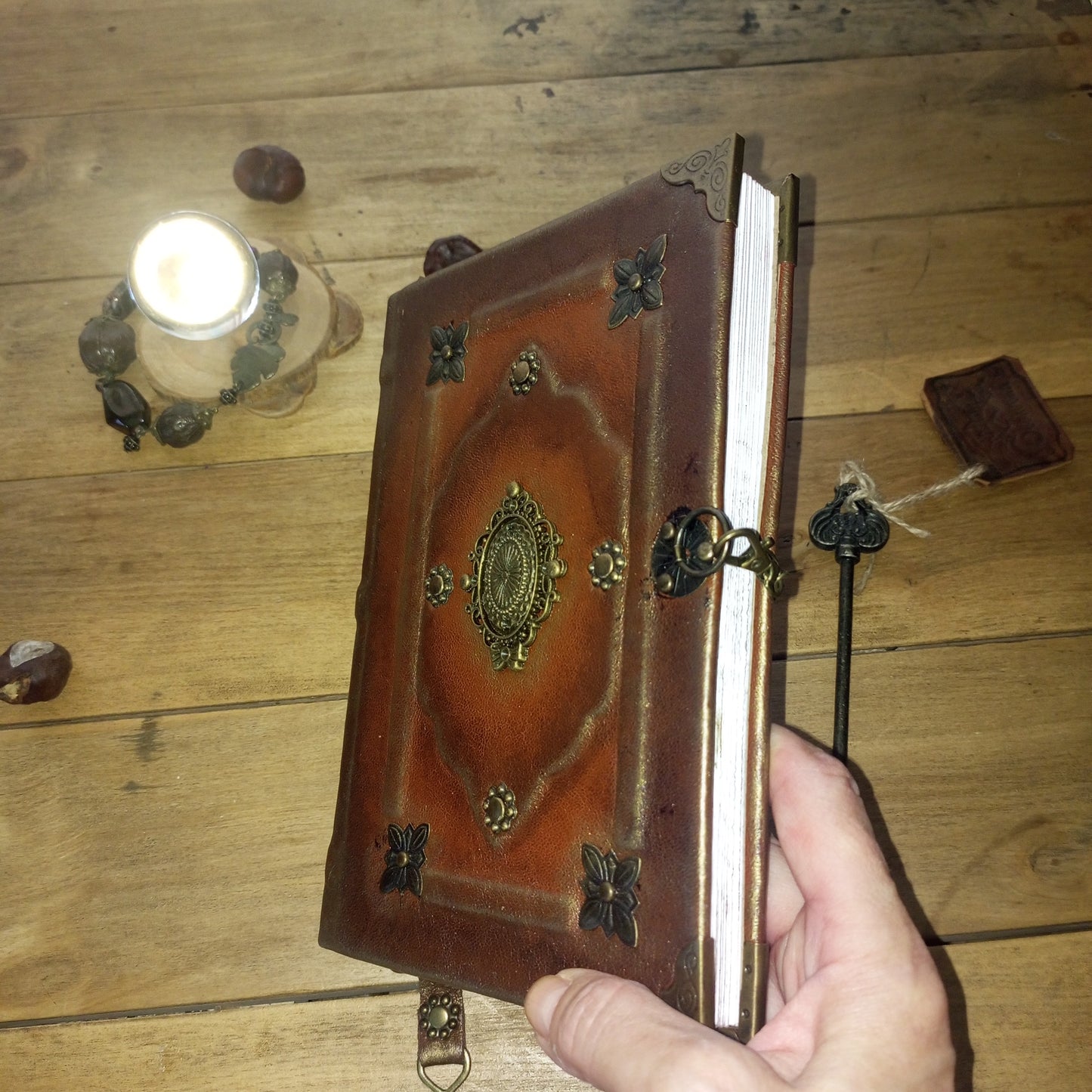 Rusty Brown Leather Grimoire with Antique Brass – Handmade Medieval Book of Shadows