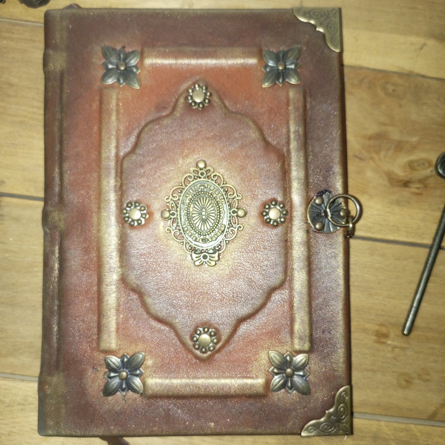 Rusty Brown Leather Grimoire with Antique Brass – Handmade Medieval Book of Shadows
