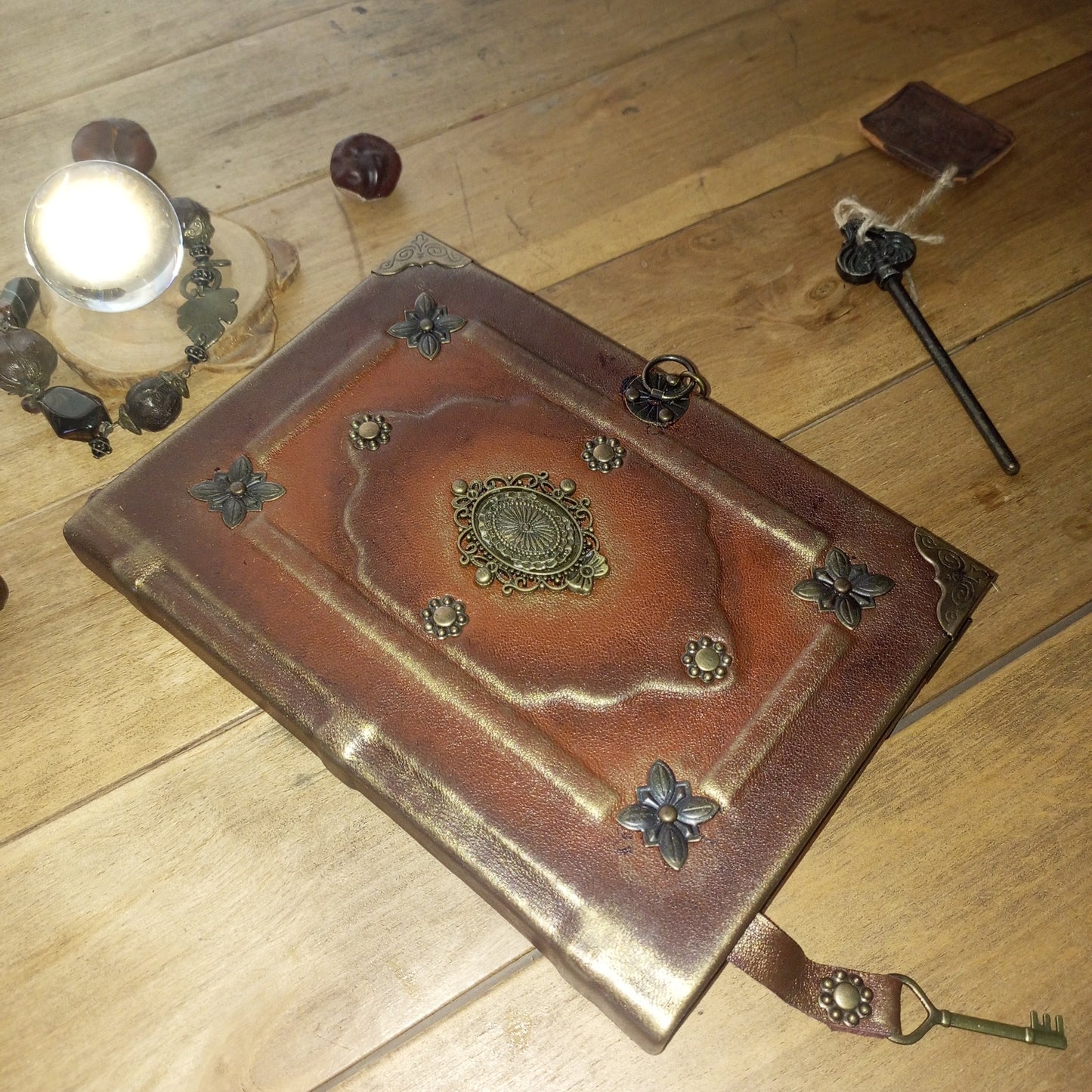 Rusty Brown Leather Grimoire with Antique Brass – Handmade Medieval Book of Shadows