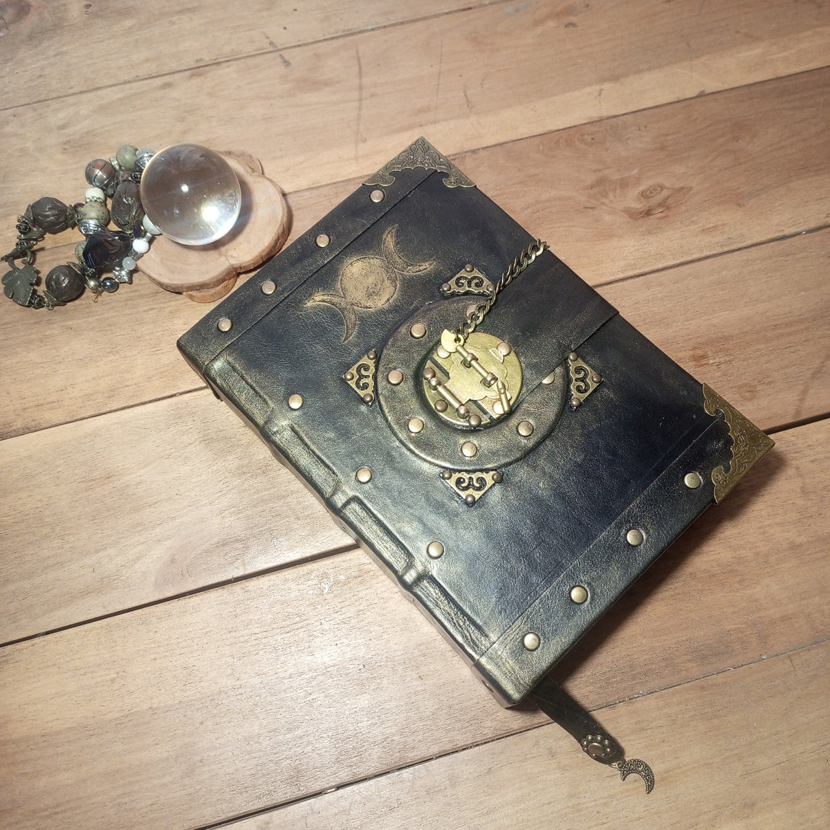 Triple Moon Goddess Grimoire - Genuine Black Leather Journal Vintage Lock, Medieval Handcrafted Leather Book