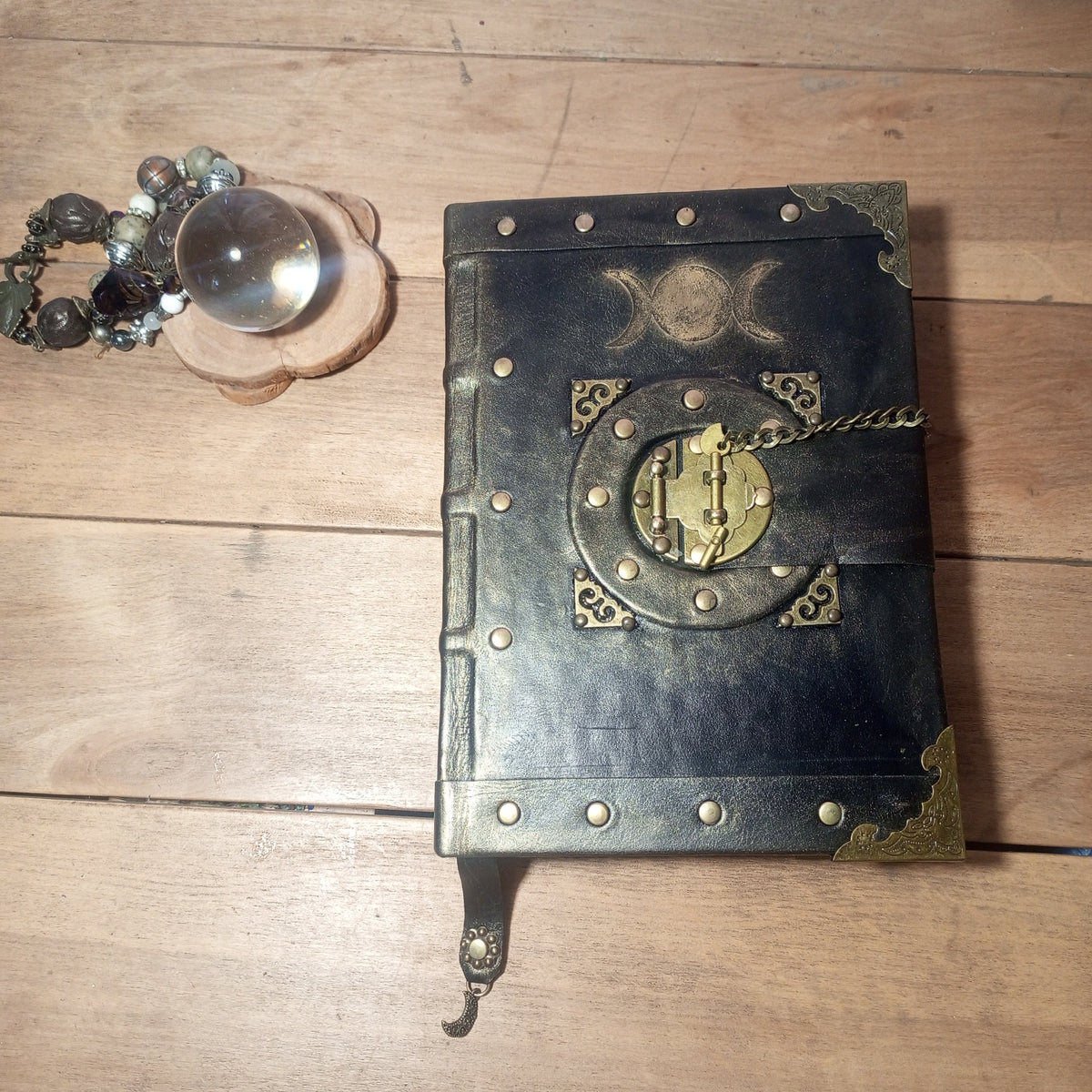 Triple Moon Goddess Grimoire - Genuine Black Leather Journal Vintage Lock, Medieval Handcrafted Leather Book