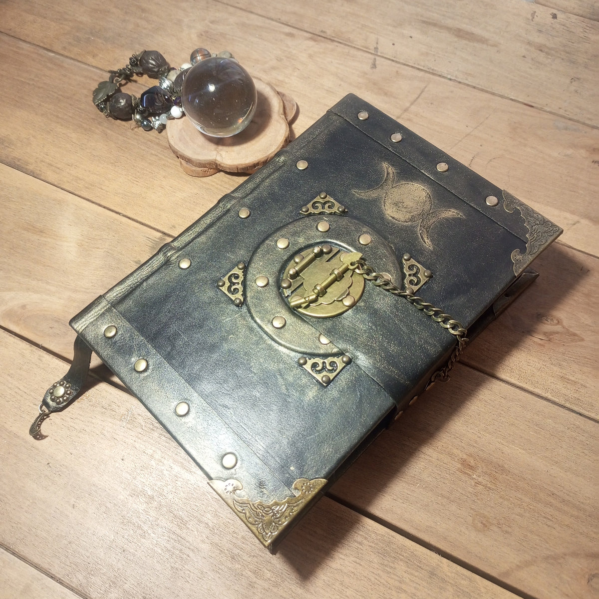 Triple Moon Goddess Grimoire - Genuine Black Leather Journal Vintage Lock, Medieval Handcrafted Leather Book