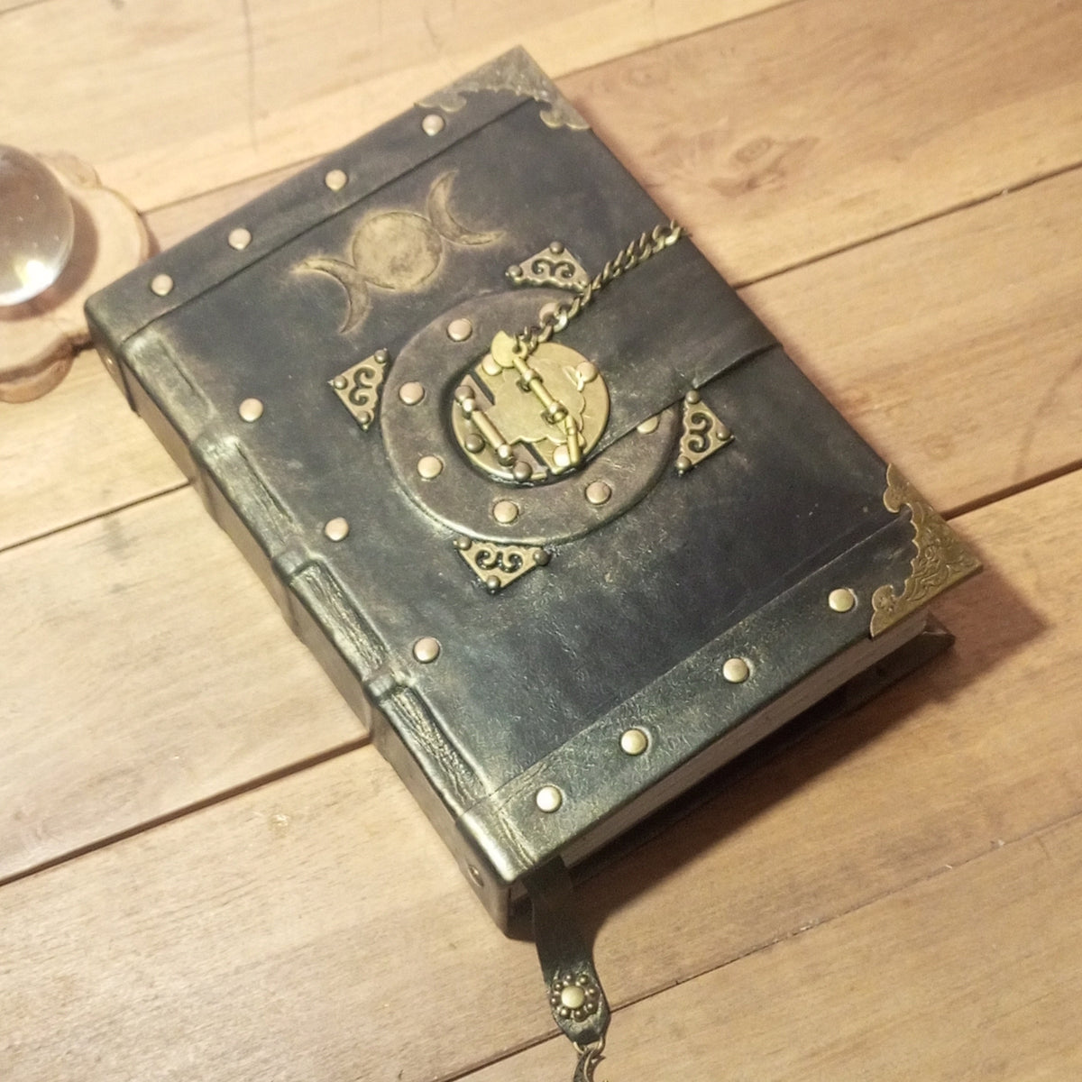 Triple Moon Goddess Grimoire - Genuine Black Leather Journal Vintage Lock, Medieval Handcrafted Leather Book