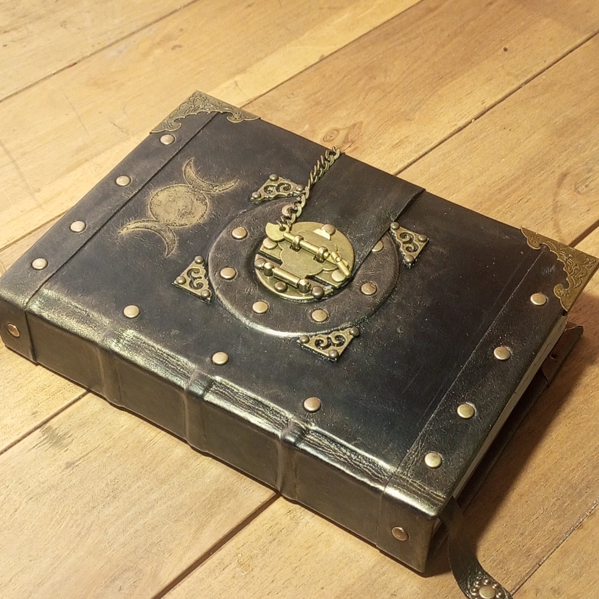 Triple Moon Goddess Grimoire - Genuine Black Leather Journal Vintage Lock, Medieval Handcrafted Leather Book