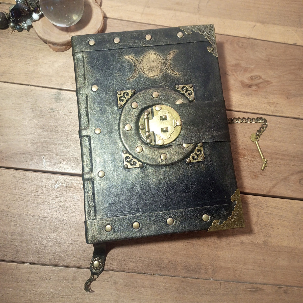 Triple Moon Goddess Grimoire - Genuine Black Leather Journal Vintage Lock, Medieval Handcrafted Leather Book