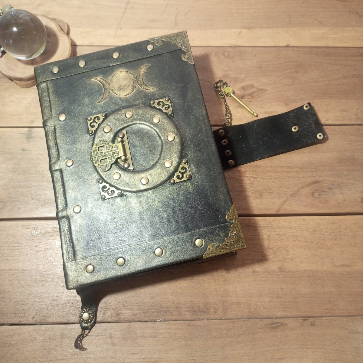 Triple Moon Goddess Grimoire - Genuine Black Leather Journal Vintage Lock, Medieval Handcrafted Leather Book