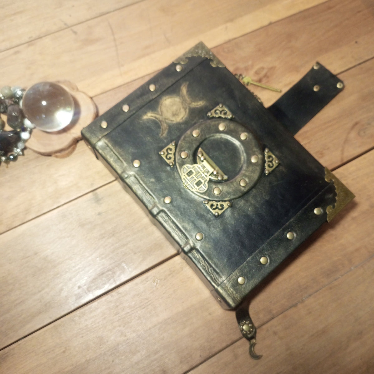 Triple Moon Goddess Grimoire - Genuine Black Leather Journal Vintage Lock, Medieval Handcrafted Leather Book