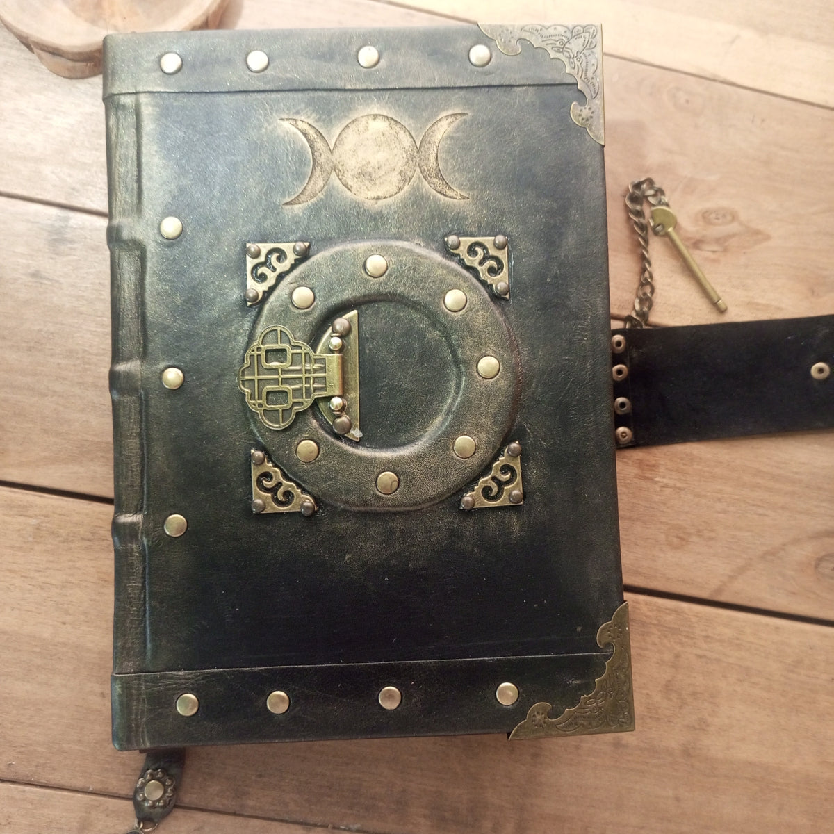 Triple Moon Goddess Grimoire - Genuine Black Leather Journal Vintage Lock, Medieval Handcrafted Leather Book