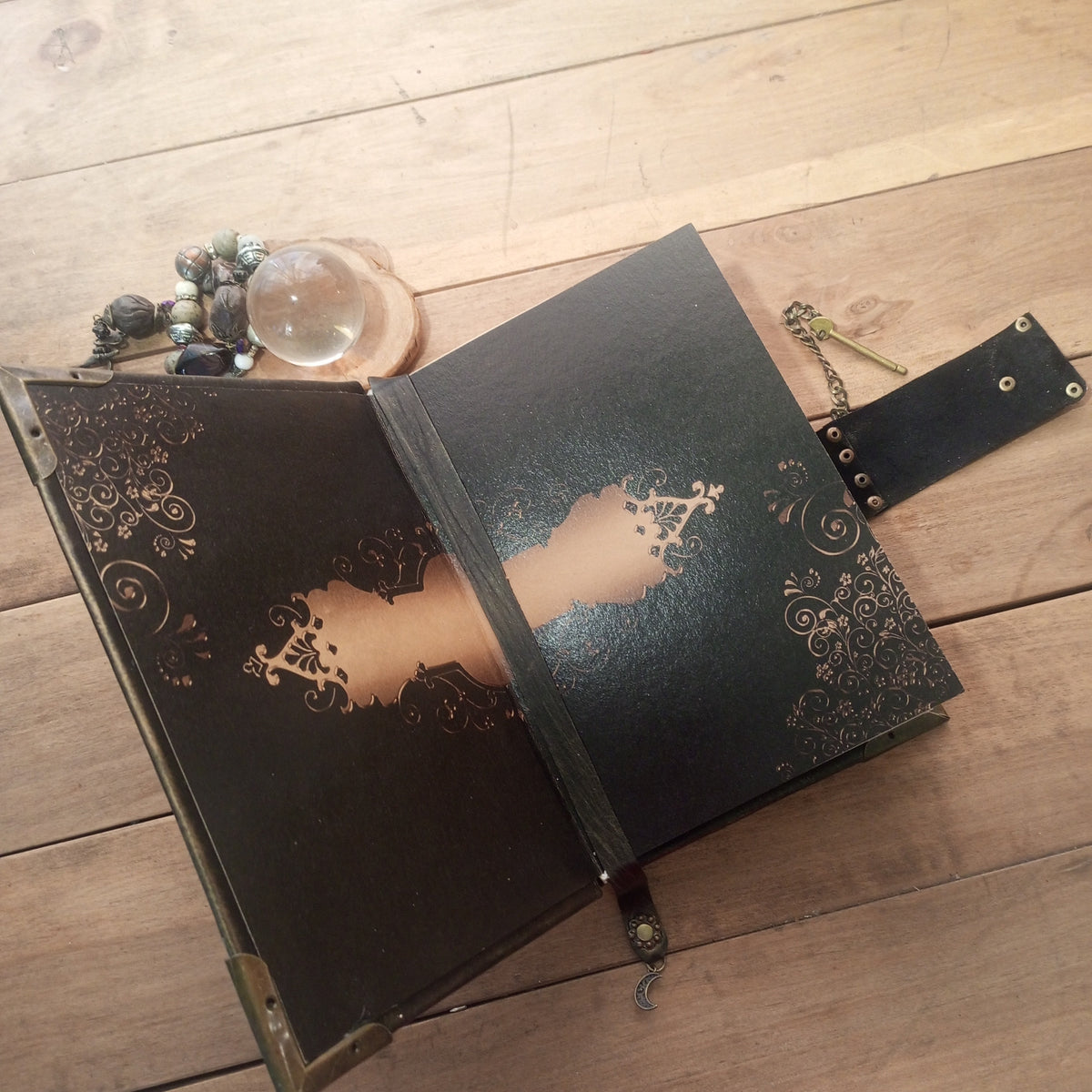 Triple Moon Goddess Grimoire - Genuine Black Leather Journal Vintage Lock, Medieval Handcrafted Leather Book
