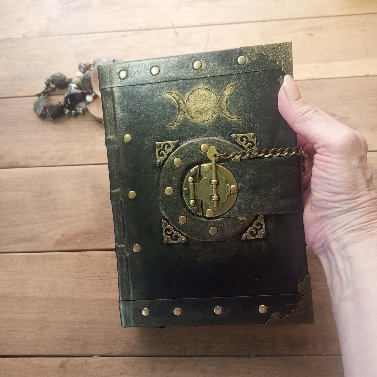 Triple Moon Goddess Grimoire - Genuine Black Leather Journal Vintage Lock, Medieval Handcrafted Leather Book