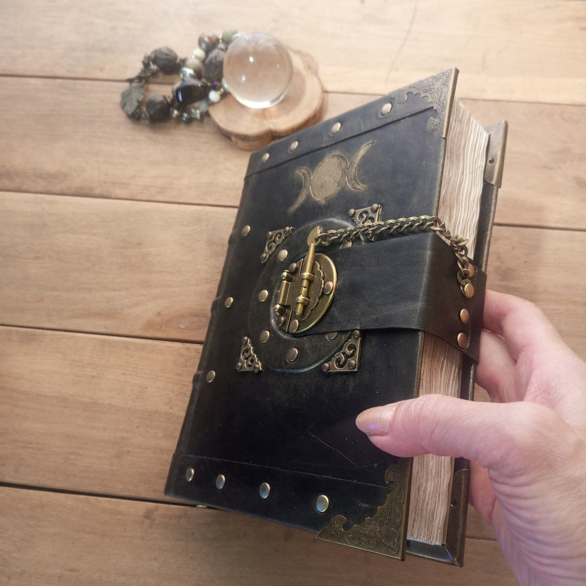 Triple Moon Goddess Grimoire - Genuine Black Leather Journal Vintage Lock, Medieval Handcrafted Leather Book
