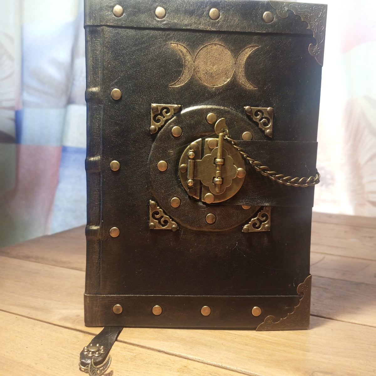 Triple Moon Goddess Grimoire - Genuine Black Leather Journal Vintage Lock, Medieval Handcrafted Leather Book
