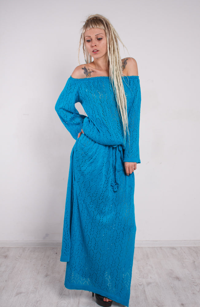 Turquoise Crochet Maxi Dress Off Shoulder – Lace Viscose Dress with Slits & Pockets