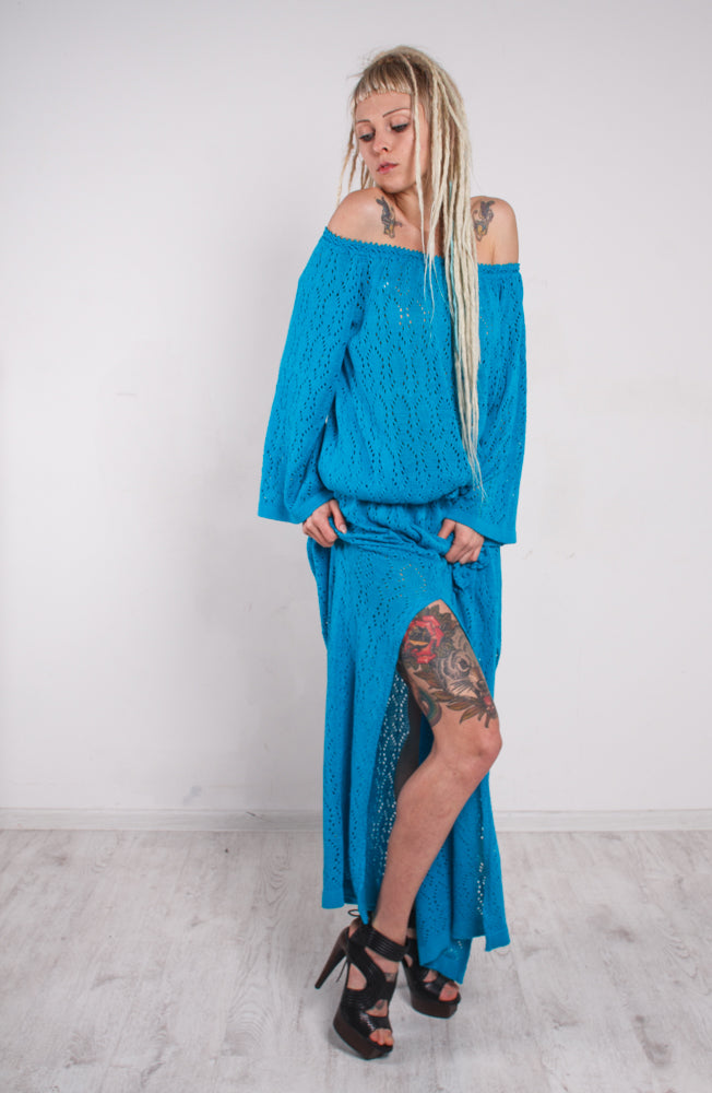 Turquoise Crochet Maxi Dress Off Shoulder – Lace Viscose Dress with Slits & Pockets