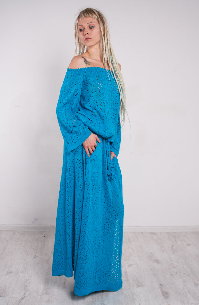 Turquoise Crochet Maxi Dress Off Shoulder – Lace Viscose Dress with Slits & Pockets