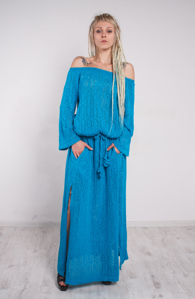 Turquoise Crochet Maxi Dress Off Shoulder – Lace Viscose Dress with Slits & Pockets