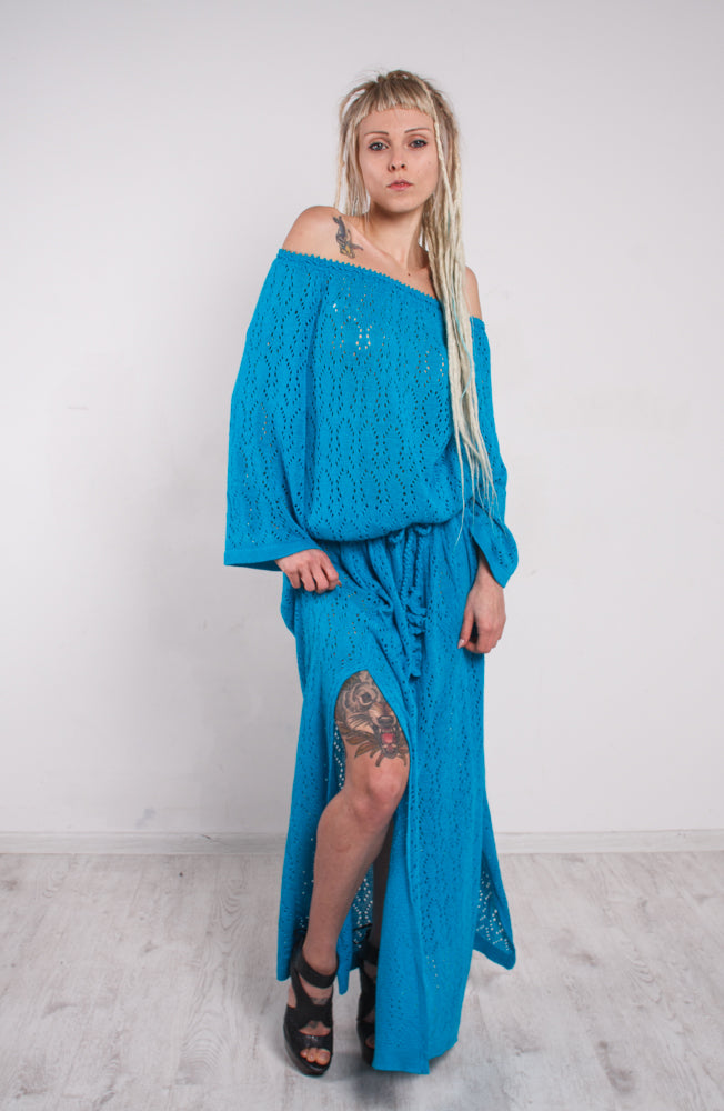 Turquoise Crochet Maxi Dress Off Shoulder – Lace Viscose Dress with Slits & Pockets