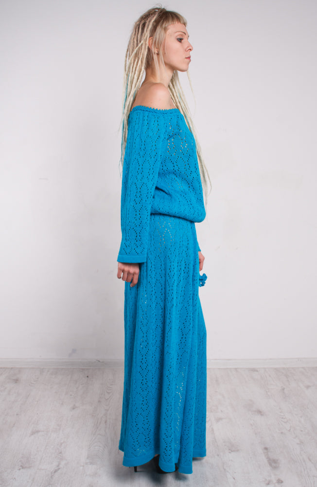Turquoise Crochet Maxi Dress Off Shoulder – Lace Viscose Dress with Slits & Pockets