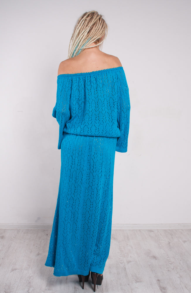 Turquoise Crochet Maxi Dress Off Shoulder – Lace Viscose Dress with Slits & Pockets