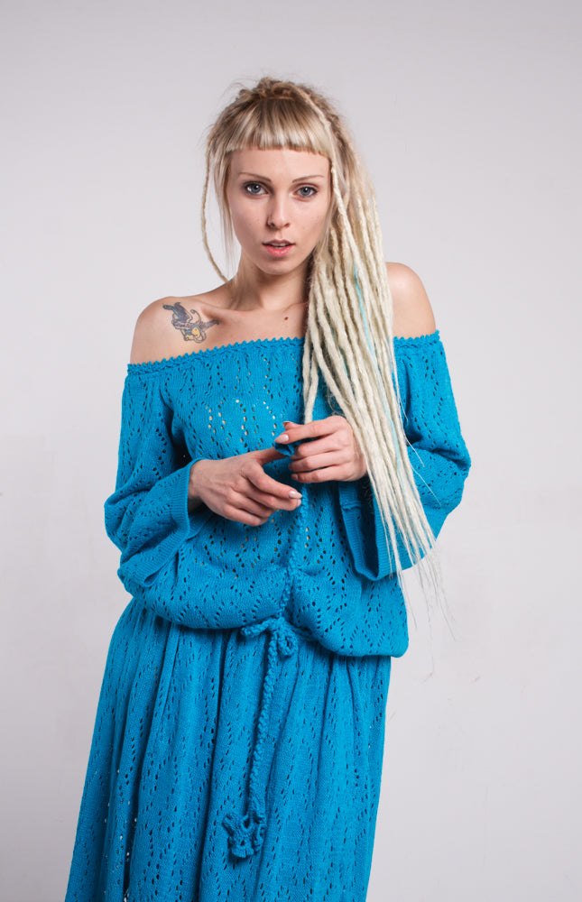 Turquoise Crochet Maxi Dress Off Shoulder – Lace Viscose Dress with Slits & Pockets