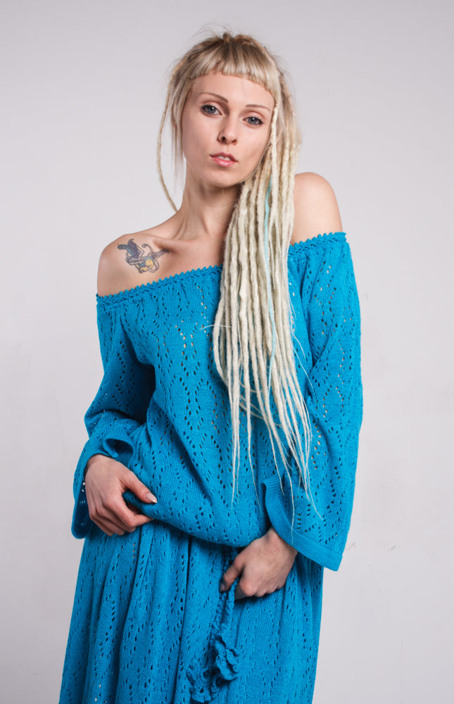Turquoise Crochet Maxi Dress Off Shoulder – Lace Viscose Dress with Slits & Pockets