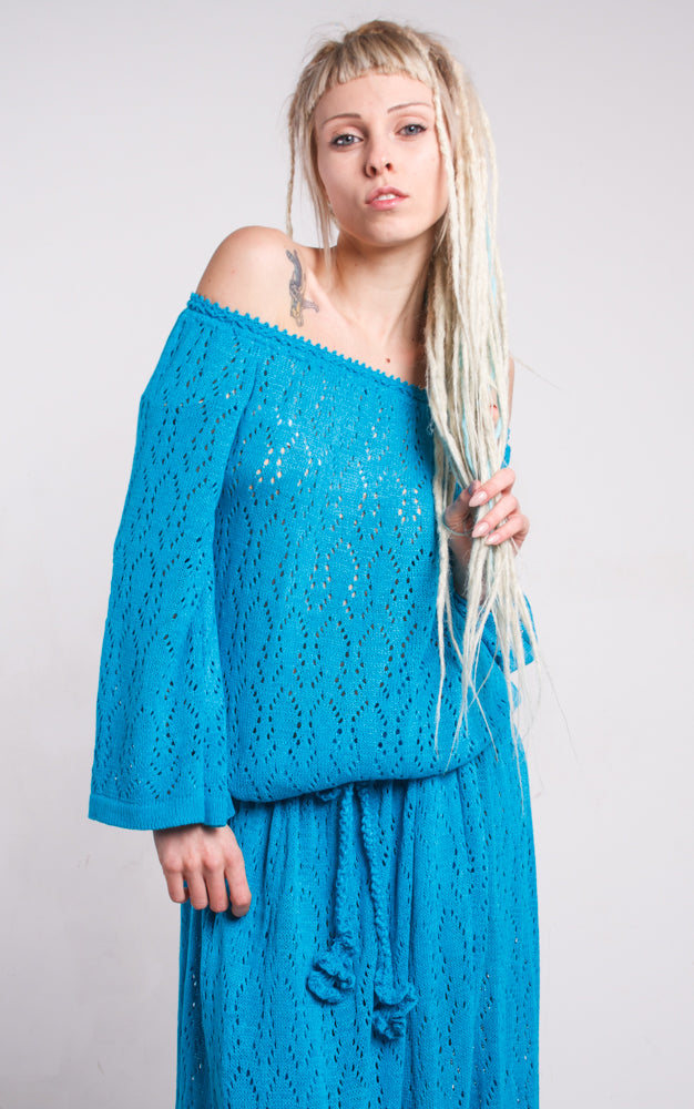 Turquoise Crochet Maxi Dress Off Shoulder – Lace Viscose Dress with Slits & Pockets