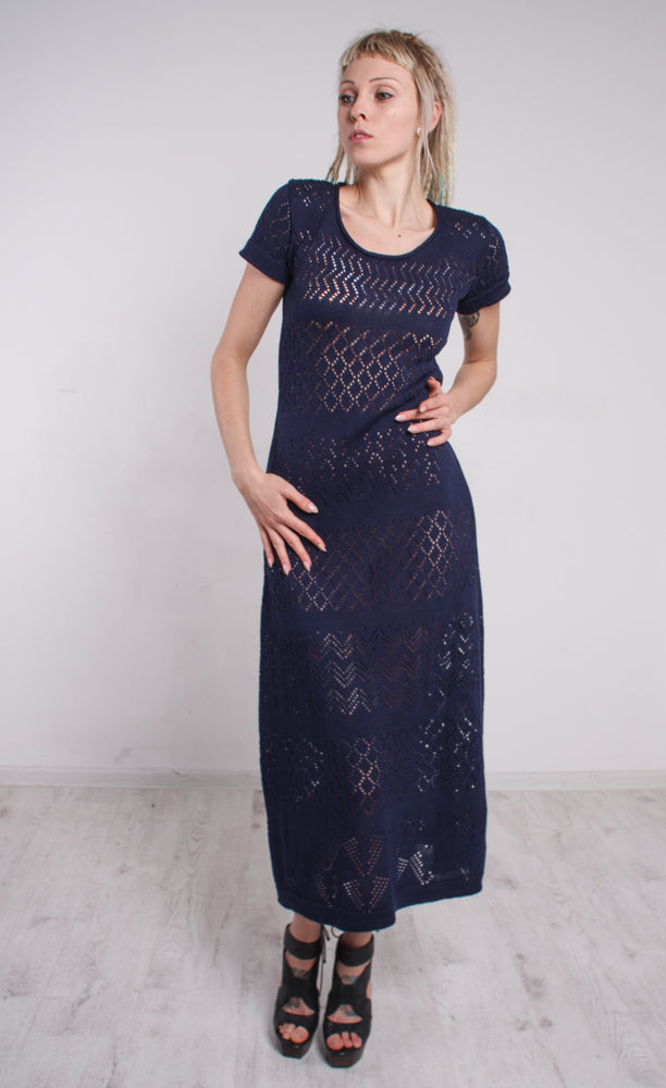Dark Blue Crochet Maxi Dress – Navy Lace Knit Long Evening Gown