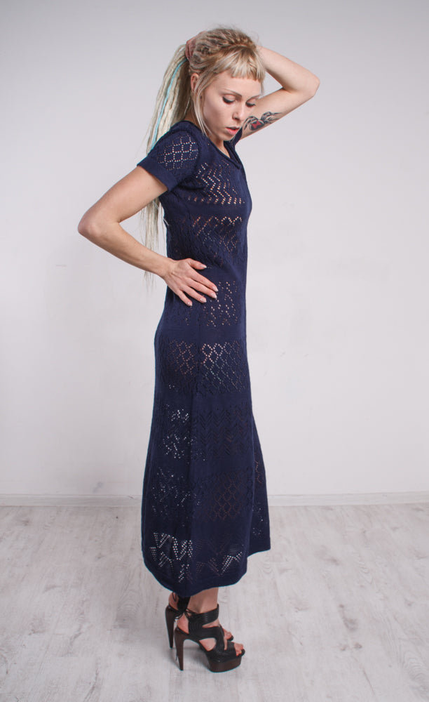 Dark Blue Crochet Maxi Dress – Navy Lace Knit Long Evening Gown