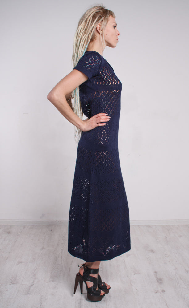 Dark Blue Crochet Maxi Dress – Navy Lace Knit Long Evening Gown
